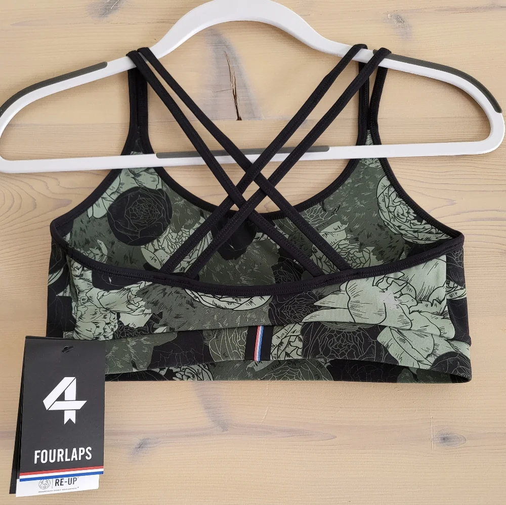 NWT FourLaps Vitality Sports Bra Peonies Print Thyme Floral Camo sizes S and L - Picture 2 of 6